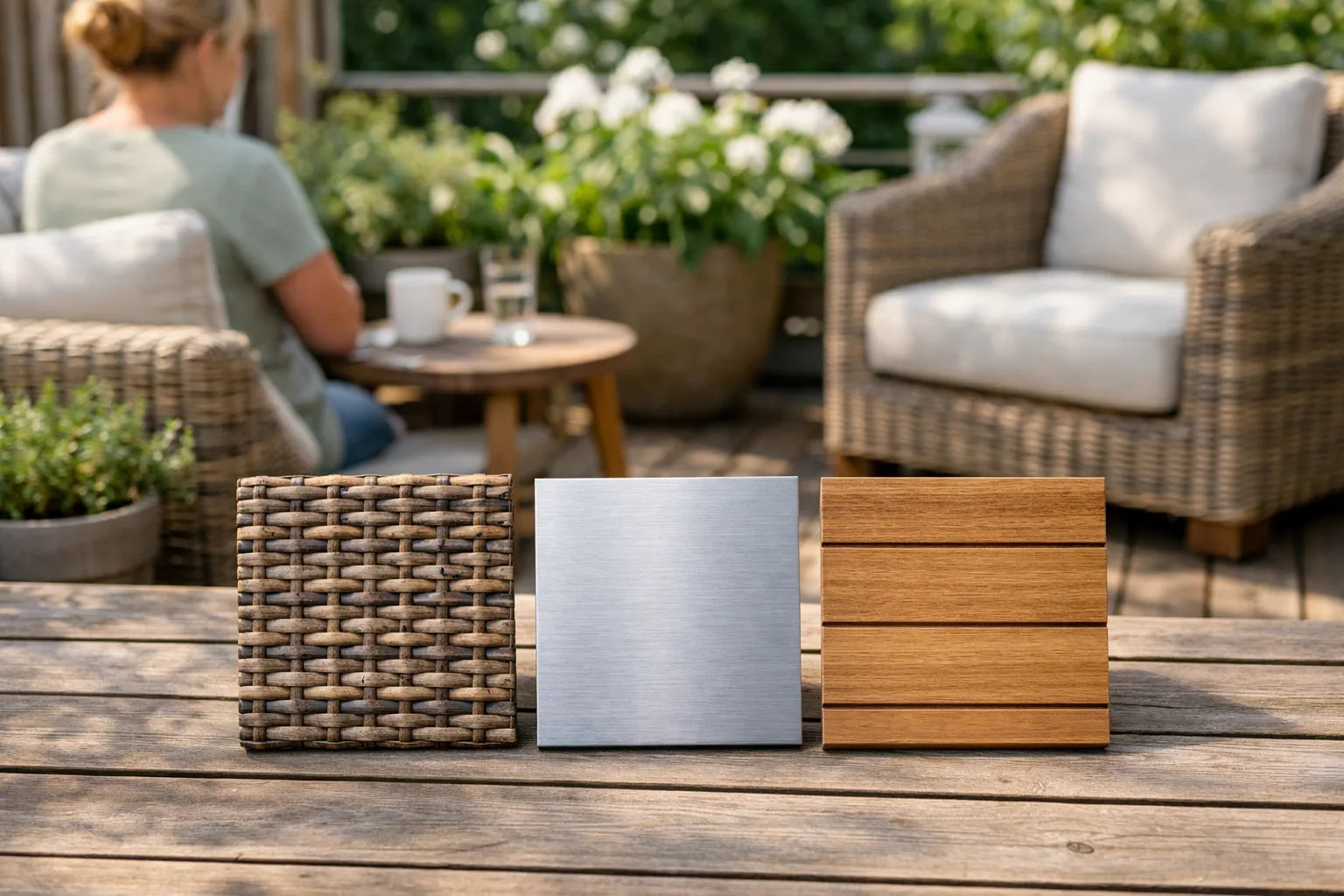 Materialprover av konstrotting, aluminium och teak.