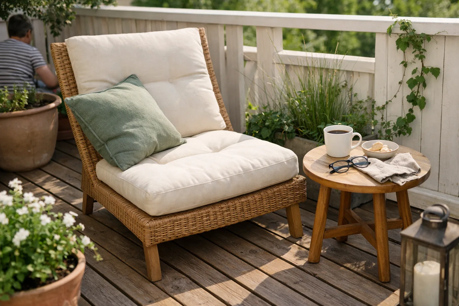Loungestol med dyna bredvid ett litet bord utomhus.
